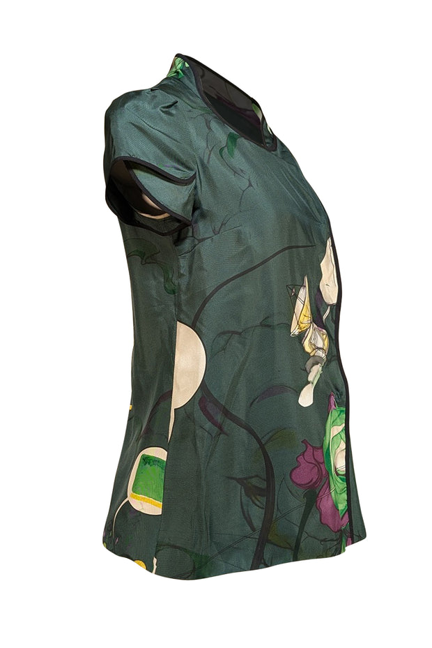 Prada - Green Silk Printed Short Sleeve Top Sz 8 - Current Boutique