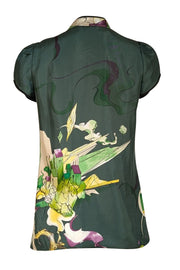 Prada - Green Silk Printed Short Sleeve Top Sz 8 - Current Boutique