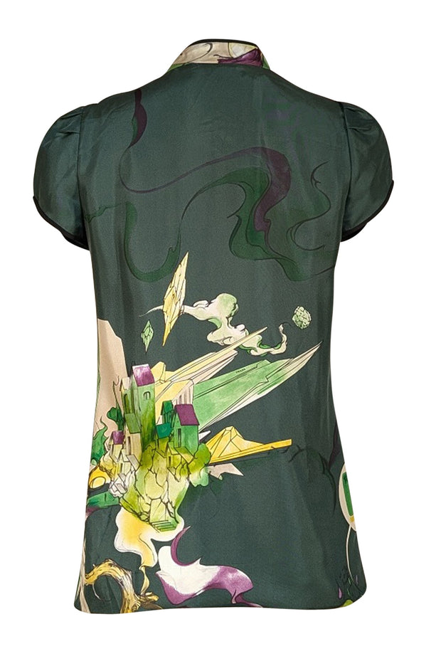 Prada - Green Silk Printed Short Sleeve Top Sz 8 - Current Boutique