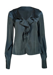 Armani Collezioni - Dark Teal Silk Ruffle Front Blouse Sz 8 - Current Boutique
