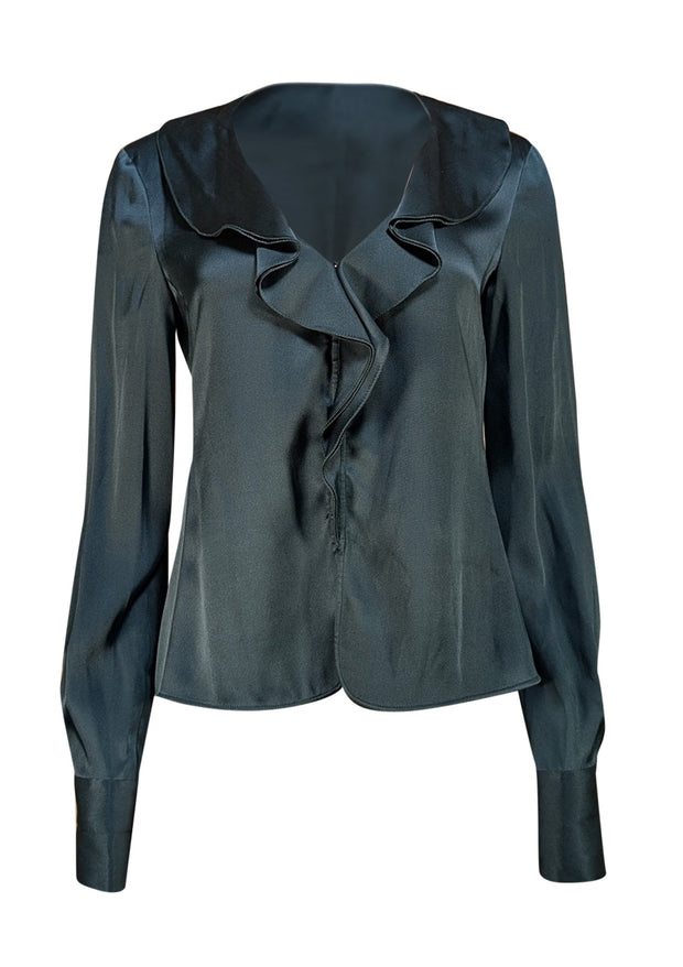 Armani Collezioni - Dark Teal Silk Ruffle Front Blouse Sz 8 - Current Boutique