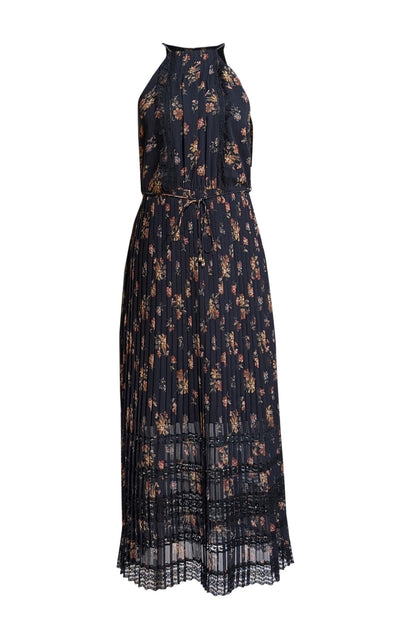 Zimmermann - Black Floral Sleeveless Pleated Maxi Dress w/ Lace Trim Sz 4 - Current Boutique