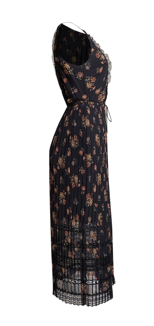 Zimmermann - Black Floral Sleeveless Pleated Maxi Dress w/ Lace Trim S Zimmermann - Black Floral Sleeveless Pleated Maxi Dress w/ Lace Trim S