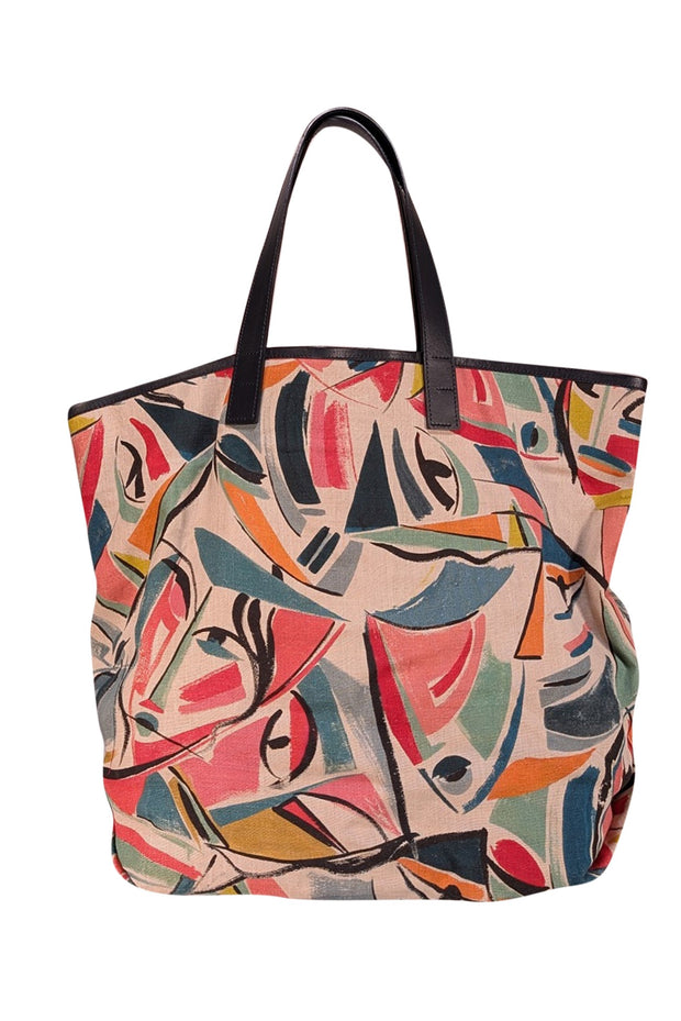 Lafayette 148 - Beige & Multi Color Print Canvas Tote - Current Boutique