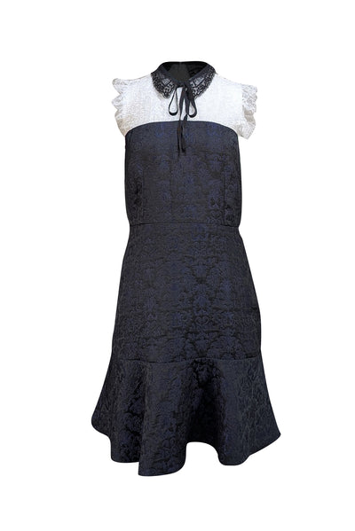 Sandro - Navy & Black Brocade Dress w/ White Lace Sz 6 - Current Boutique