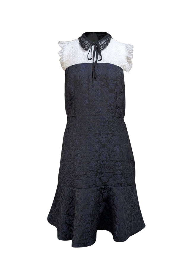 Sandro - Navy & Black Brocade Dress w/ White Lace Sz 6 - Current Boutique