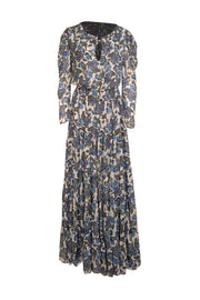 MISA Los Angeles - White, Blue, & Green Metallic Print Smocked Waist Maxi Dress Sz M - Current Boutique