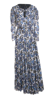 MISA Los Angeles - White, Blue, & Green Metallic Print Smocked Waist Maxi Dress Sz M