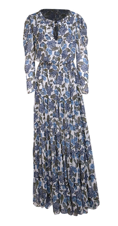 MISA Los Angeles - White, Blue, & Green Metallic Print Smocked Waist Maxi Dress Sz M