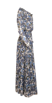 MISA Los Angeles - White, Blue, & Green Metallic Print Smocked Waist Maxi Dress Sz M