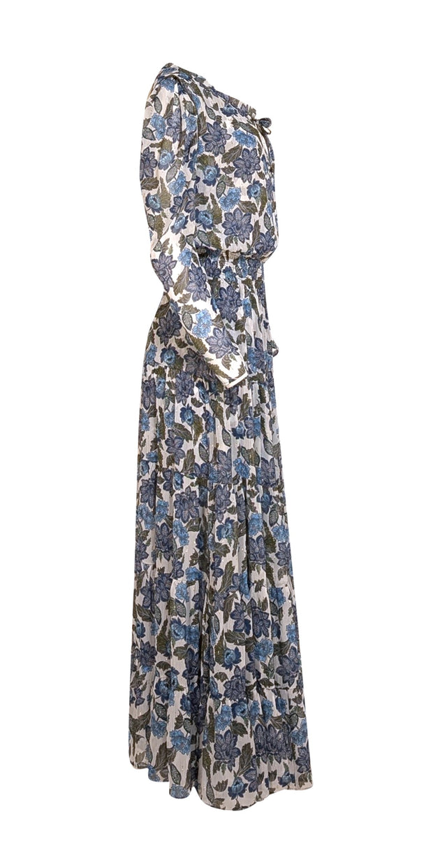 MISA Los Angeles - White, Blue, & Green Metallic Print Smocked Waist Maxi Dress Sz M