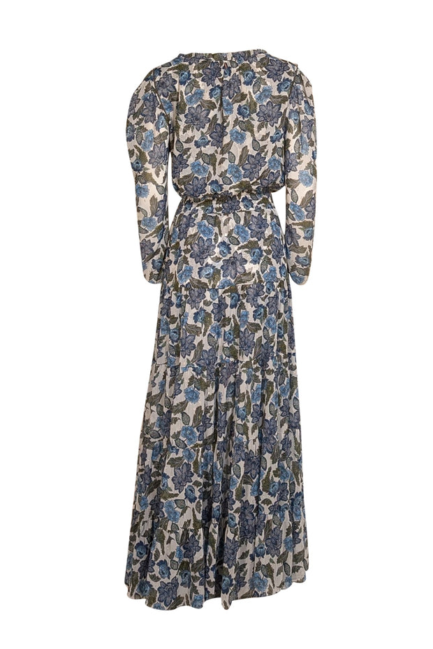 MISA Los Angeles - White, Blue, & Green Metallic Print Smocked Waist Maxi Dress Sz M - Current Boutique