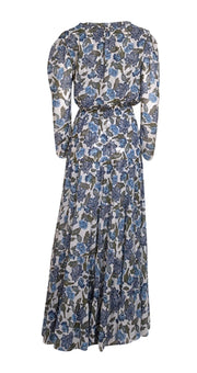 MISA Los Angeles - White, Blue, & Green Metallic Print Smocked Waist Maxi Dress Sz M