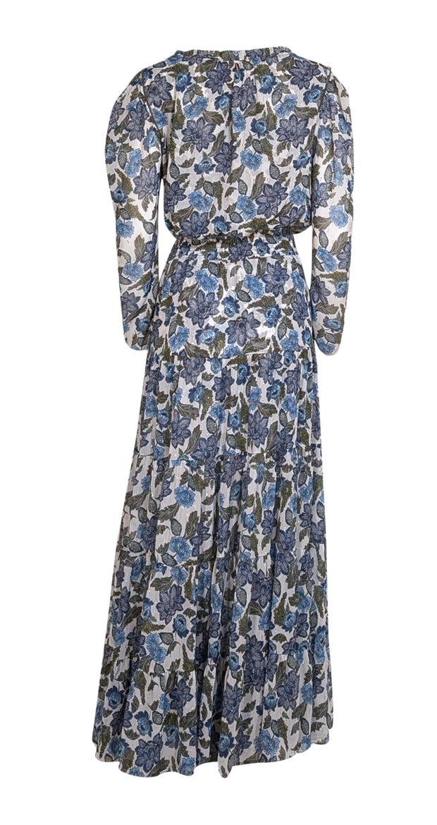 MISA Los Angeles - White, Blue, & Green Metallic Print Smocked Waist Maxi Dress Sz M