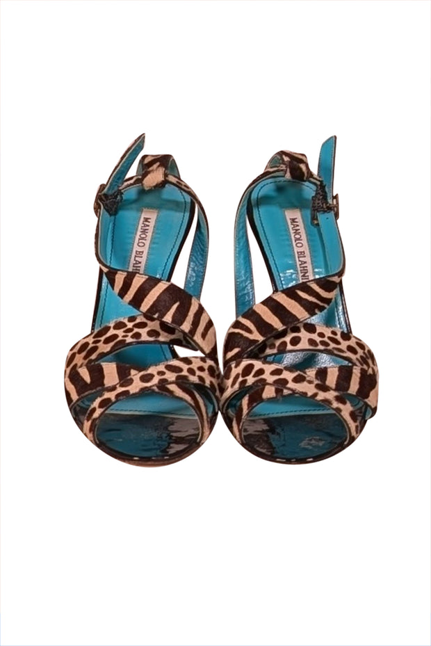 Manolo Blahnik - Beige & Brown Animal Print Strappy Heels Sz 6.5