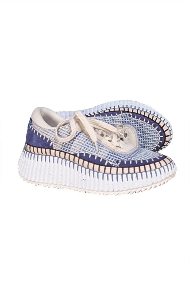Chloe - Ivory & Blue Knit Lace Up Sneakers Sz 9 - Current Boutique