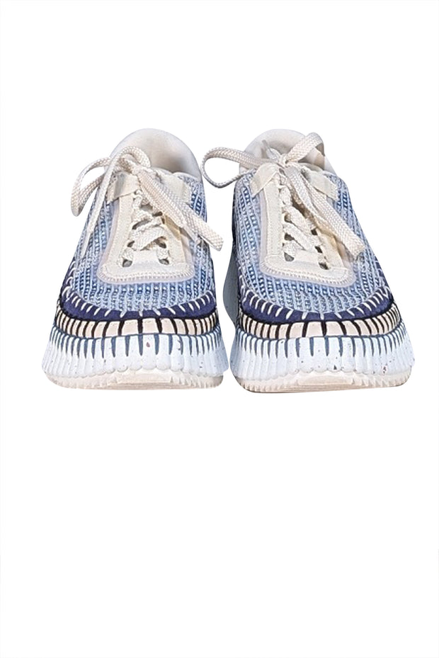 Chloe - Ivory & Blue Knit Lace Up Sneakers Sz 9 - Current Boutique