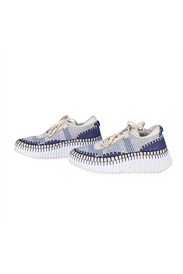Chloe - Ivory & Blue Knit Lace Up Sneakers Sz 9 - Current Boutique