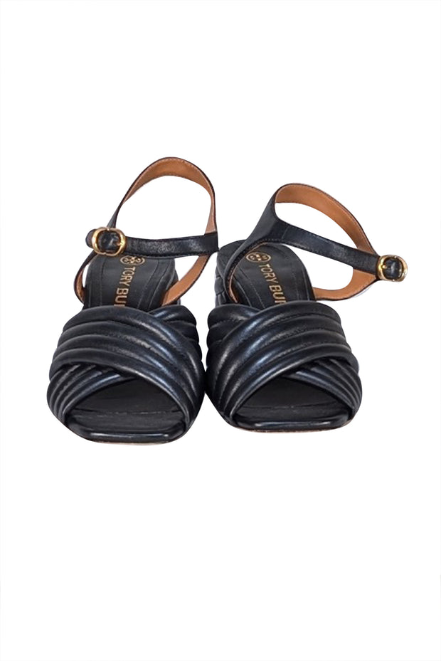 Tory Burch - Black Ribbed Open Toe Block Sandal Heels Sz 8.5 - Current Boutique