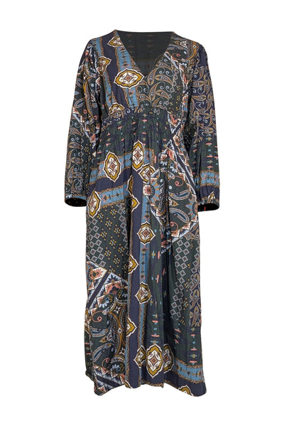 Cara Cara - Dark Green, Navy, Mustard Yellow Print Maxi Dress Sz XL - Current Boutique