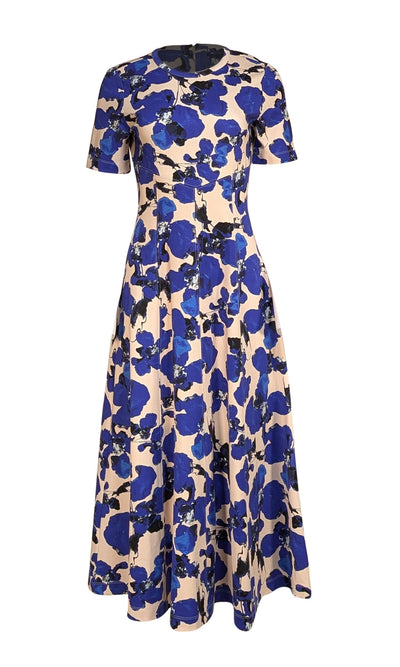 Tanya Taylor - Ivory w/ Blue & Black Floral Print Mid Maxi Dress Sz S - Current Boutique