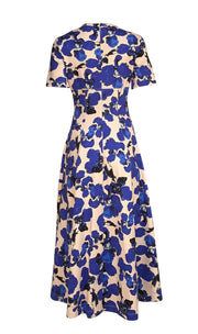Tanya Taylor - Ivory w/ Blue & Black Floral Print Mid Maxi Dress Sz S - Current Boutique