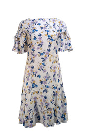 Shoshanna - White, Lavender, Yellow, & Navy Floral Ruffled Crop Sleeve Dress Sz 4 - Current Boutique