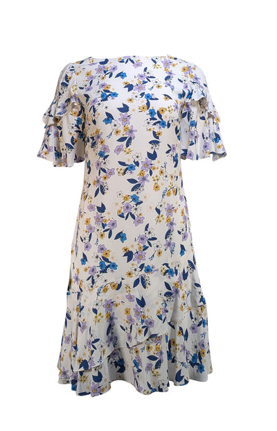 Shoshanna - White, Lavender, Yellow, & Navy Floral Ruffled Crop Sleeve Dress Sz 4 - Current Boutique
