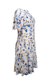 Shoshanna - White, Lavender, Yellow, & Navy Floral Ruffled Crop Sleeve Dress Sz 4 - Current Boutique