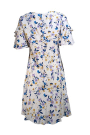 Shoshanna - White, Lavender, Yellow, & Navy Floral Ruffled Crop Sleeve Dress Sz 4 - Current Boutique