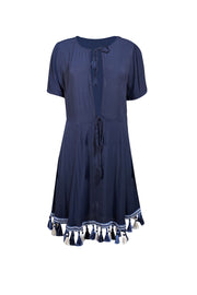 Tularosa - Navy Plunge Neck Dress w/ Tassel Fringe Hem Sz L - Current Boutique
