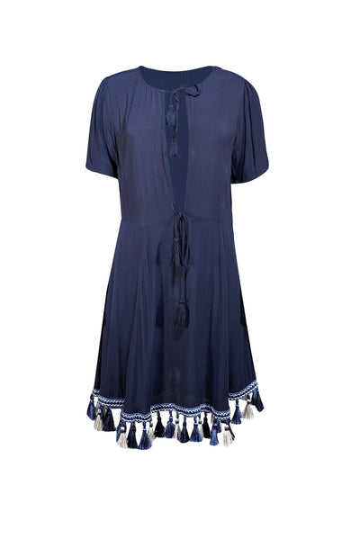 Tularosa - Navy Plunge Neck Dress w/ Tassel Fringe Hem Sz L - Current Boutique