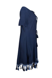Tularosa - Navy Plunge Neck Dress w/ Tassel Fringe Hem Sz L - Current Boutique