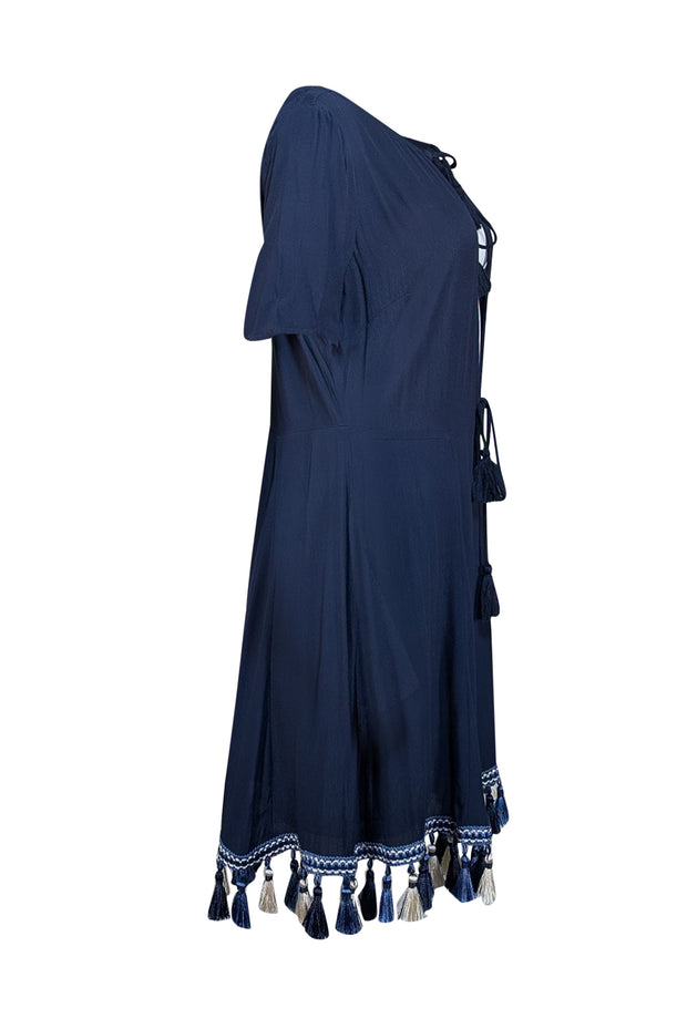 Tularosa - Navy Plunge Neck Dress w/ Tassel Fringe Hem Sz L - Current Boutique