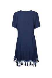 Tularosa - Navy Plunge Neck Dress w/ Tassel Fringe Hem Sz L - Current Boutique