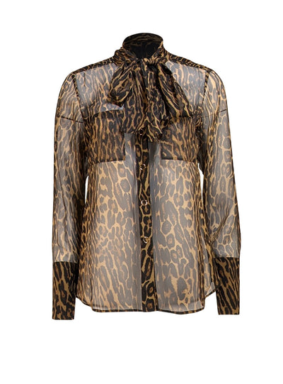 Burberry - Tan & Black Leopard Print Semi Sheer Blouse Sz 8 - Current Boutique