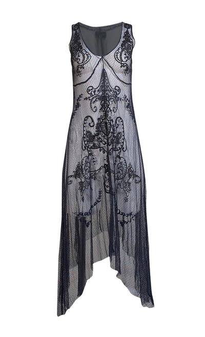 Biya - Navy Lace Mesh Midi "Maliyah" Dress Sz S - Current Boutique