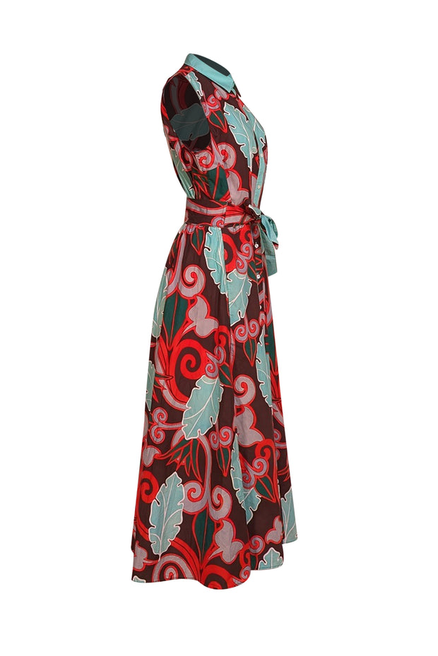 Sara Roka - Brown Multi Abstract Print Belted Maxi Dress Sz 12 - Current Boutique
