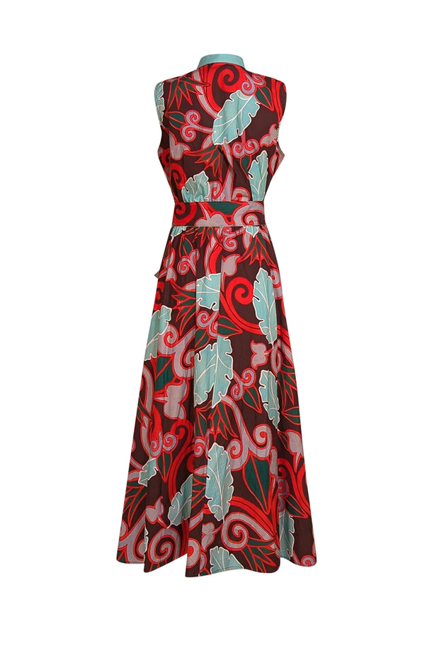 Sara Roka - Brown Multi Abstract Print Belted Maxi Dress Sz 12 - Current Boutique