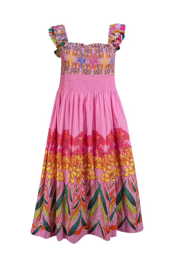 Roopa Pemmaraju - Bubblegum Pink Floral Smocked Mini Dress Sz M - Current Boutique