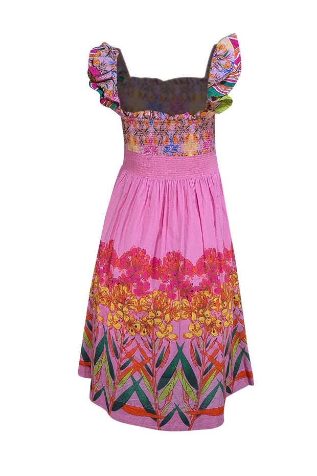 Roopa Pemmaraju - Bubblegum Pink Floral Smocked Mini Dress Sz M - Current Boutique