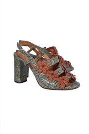 Chie Mihara - Green & Beige Print Strappy Sandals w/ Tan Leather Flower Trims Sz 9