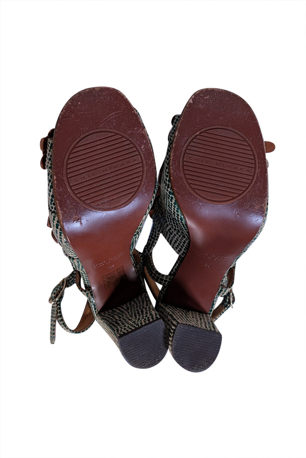 Chie Mihara - Green & Beige Print Strappy Sandals w/ Tan Leather Flower Trims Sz 9