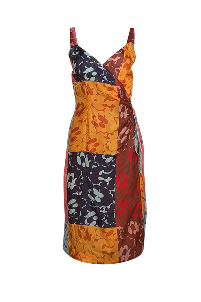 Oliver Strelli - Brown Abstract Multi Print Silk Wrap Midi Dress Sz 4 - Current Boutique