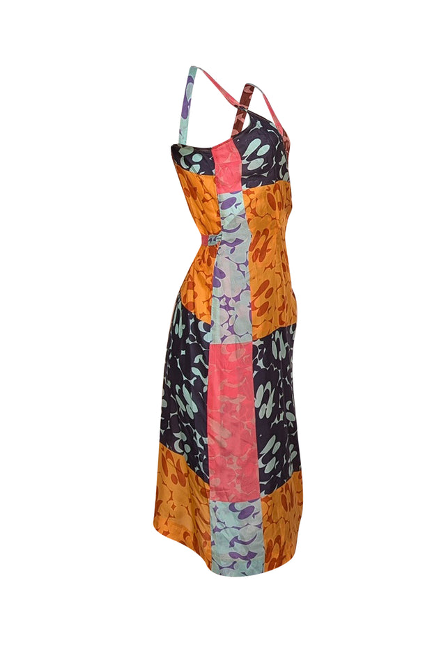 Oliver Strelli - Brown Abstract Multi Print Silk Wrap Midi Dress Sz 4 - Current Boutique