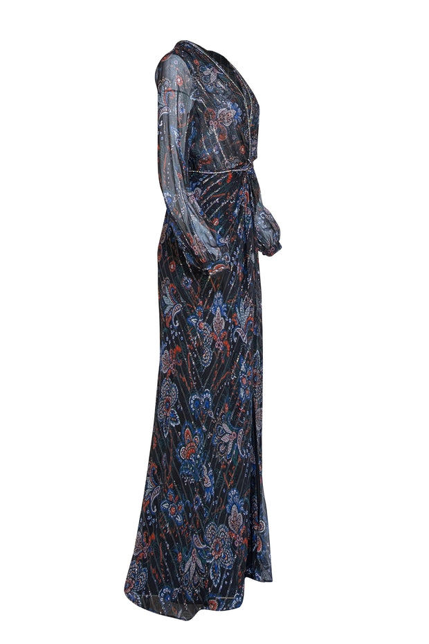 Veronica Beard - Black w/Multicolor Paisley Print Silk Floor Length Dress Sz 6 - Current Boutique