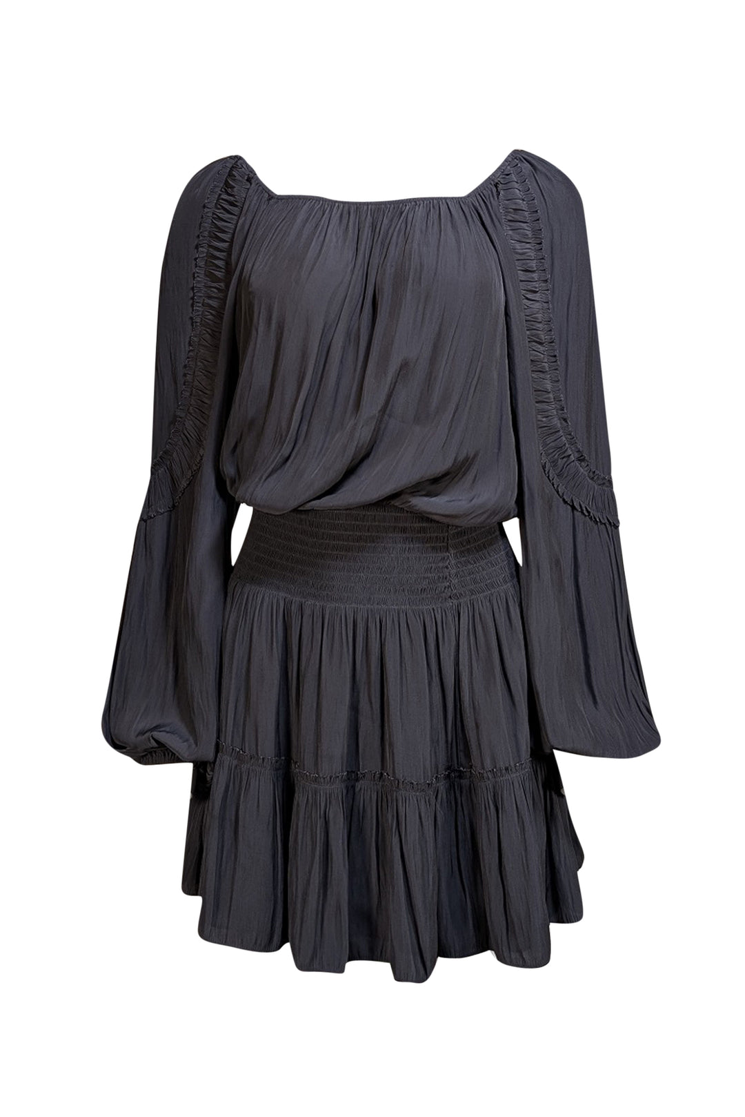 Ramy Brook - Black Satin Long Sleeve Ruffled Dress Sz S Ramy Brook - Black Satin Long Sleeve Ruffled Dress Sz S