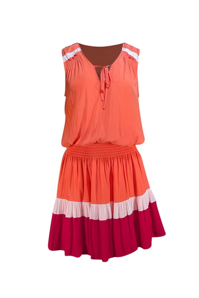 Ramy Brook - Orange, White, & Pink Colorblock Sleeveless Smocked Waist Dress Sz S - Current Boutique