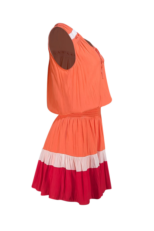 Ramy Brook - Orange, White, & Pink Colorblock Sleeveless Smocked Waist Dress Sz S - Current Boutique