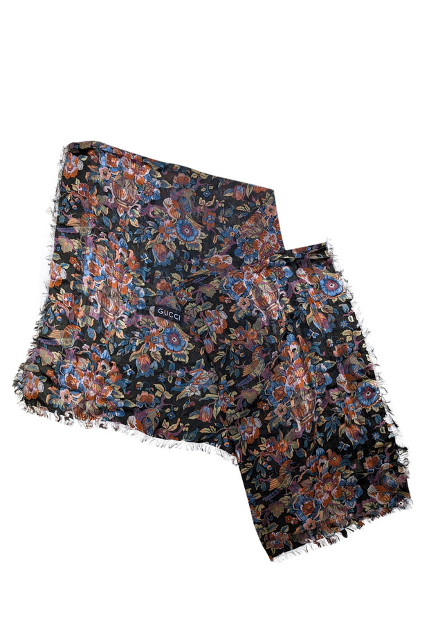 Gucci - Black & Multicolor Silk Floral & Bird Print Scarf